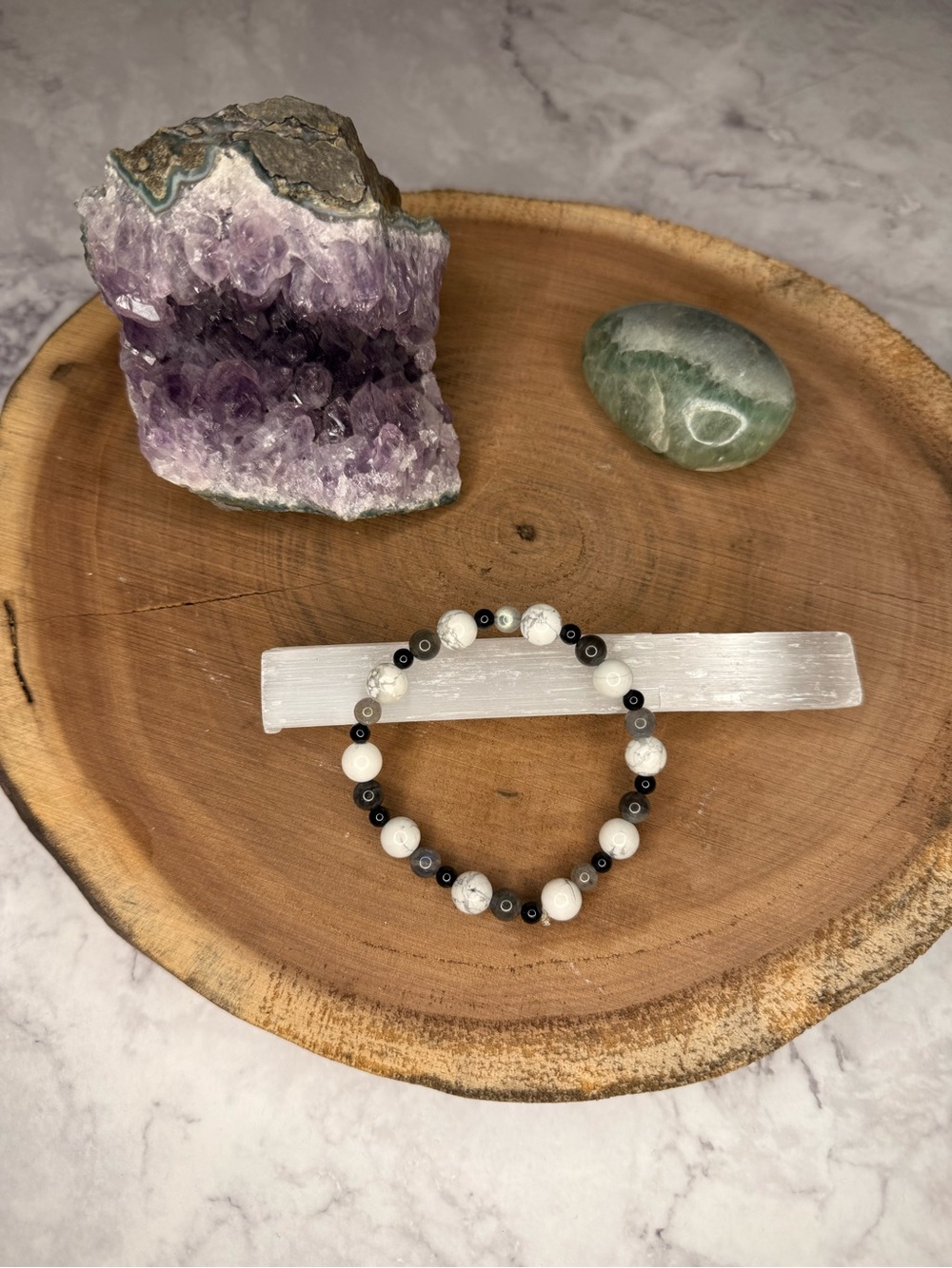Handmade Crystal black, gray and White Beaded Stretch Bracelet